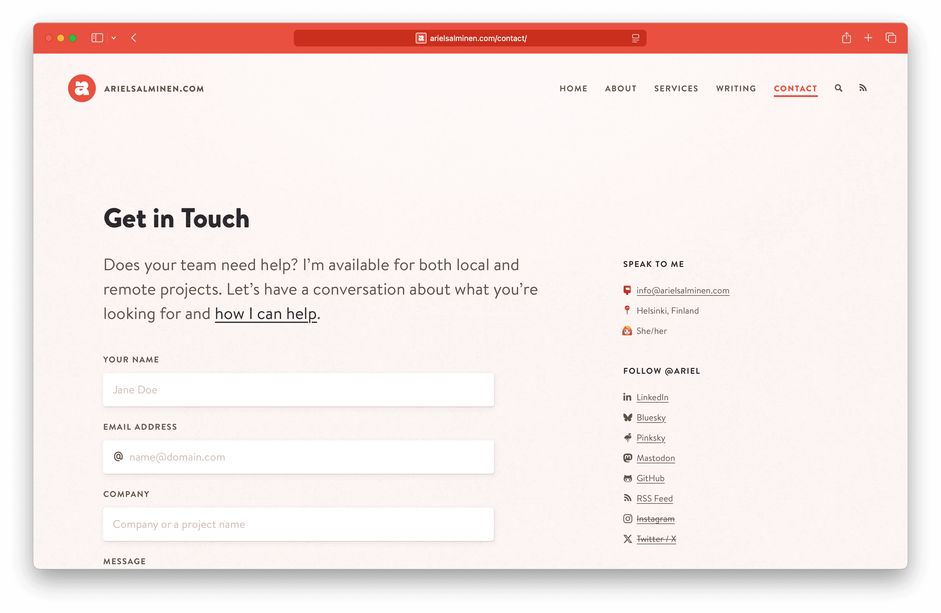 A screenshot of Ariel Salminen’s new website and its contact page at https://arielsalminen.com/contact/.