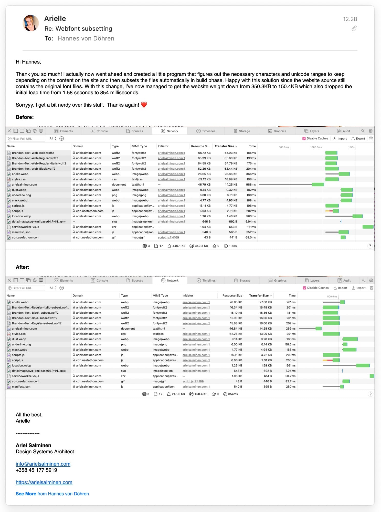 Screenshot of me nerding about the webfonts in an email to the type foundry after I got their permission to subset the fonts.