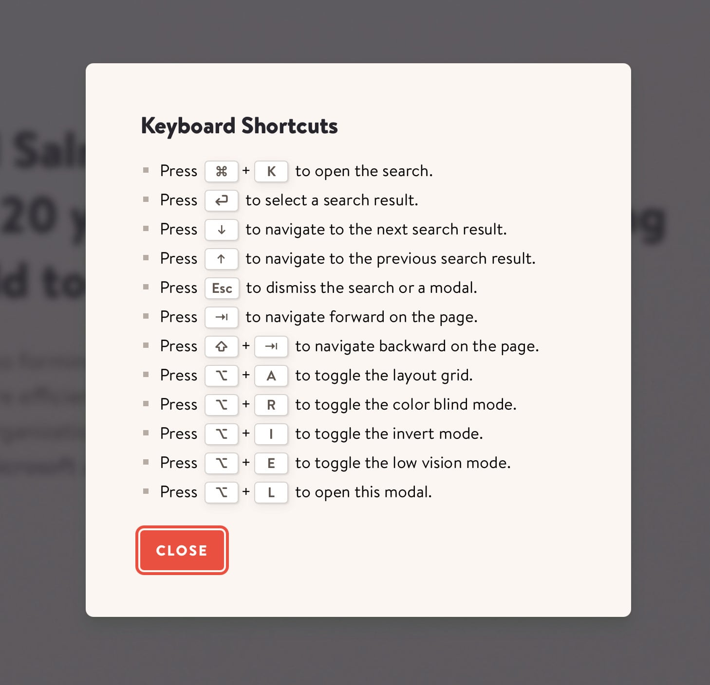 Screenshot of the keyboard shortcuts modal.