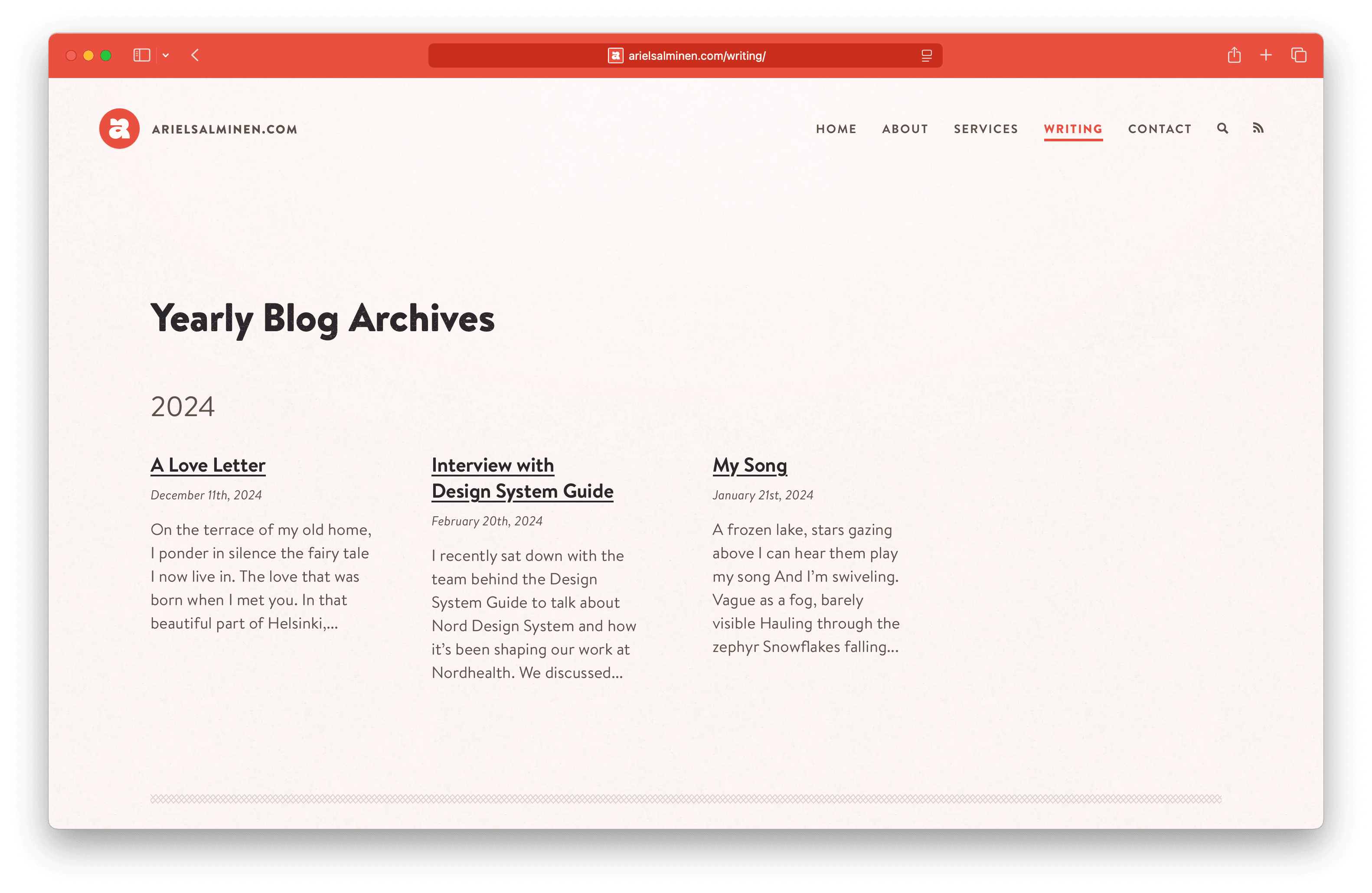 A screenshot of Ariel Salminen’s new website and its blog archives page at https://arielsalminen.com/writing/.