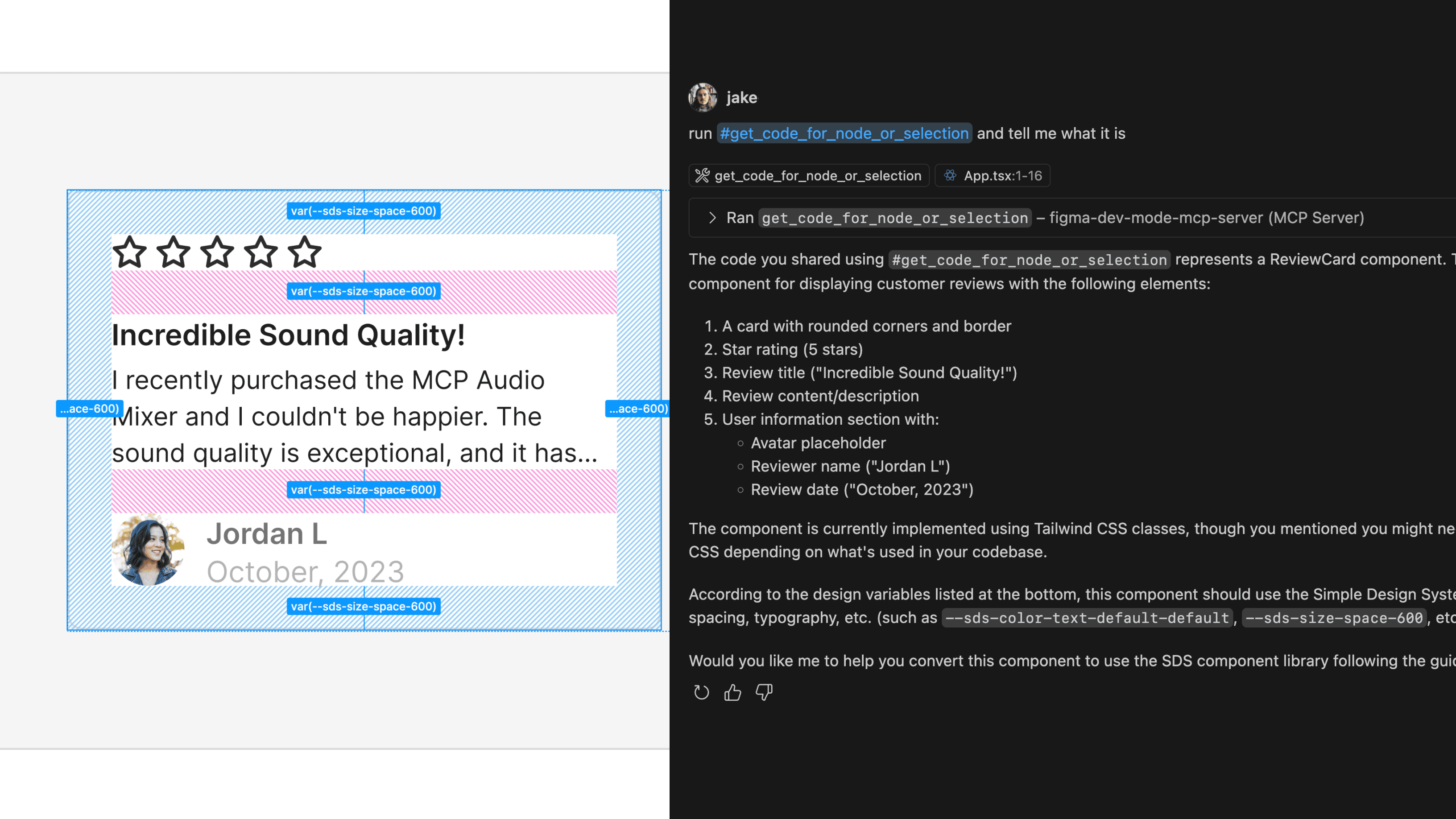 A screenshot showing how text and layer names for the current Figma selection show up in the MCP server’s output which allows LLMs more easily achieve design-informed code generation.