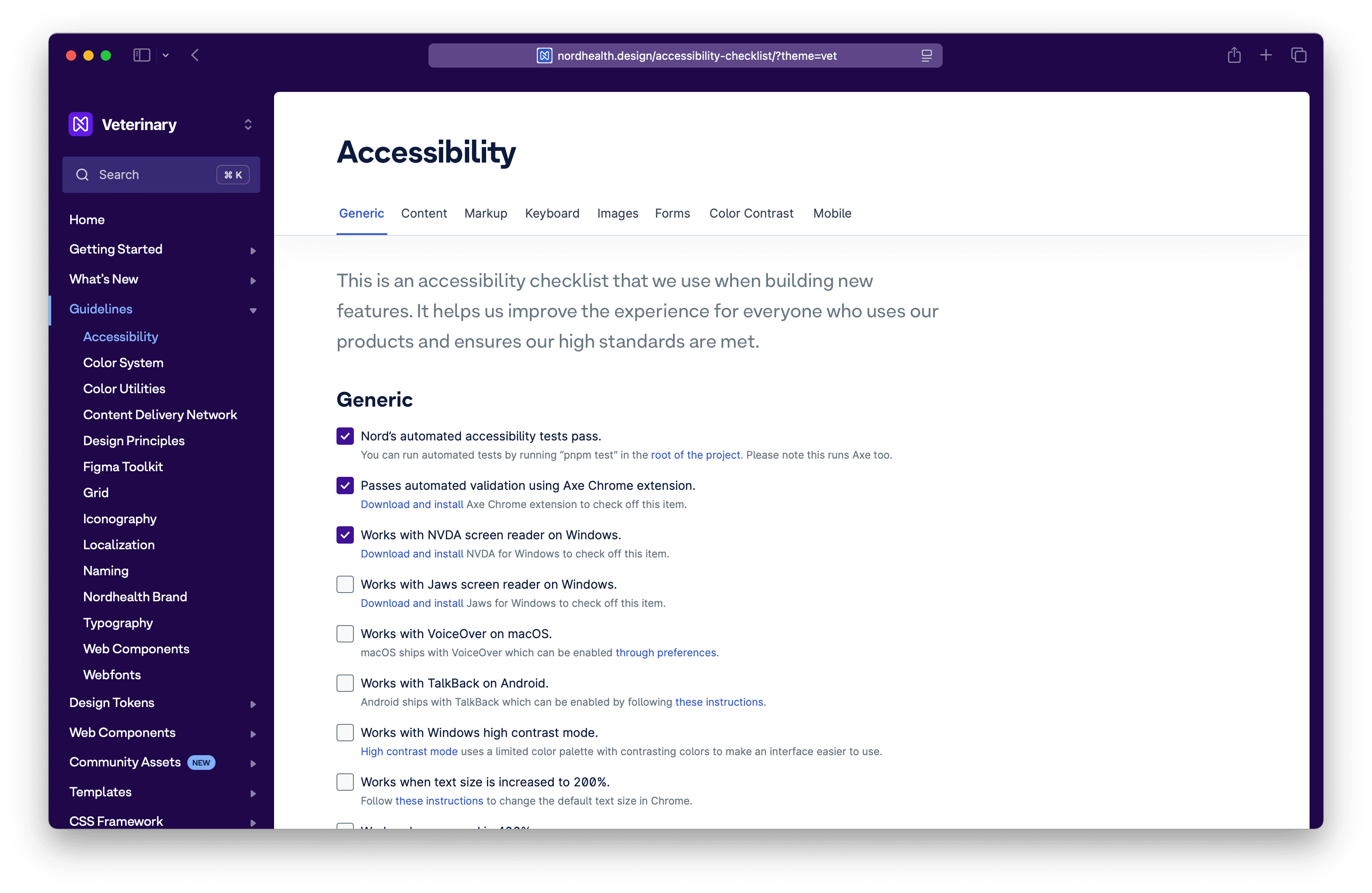Screenshot of the accessibility checklist in Nord Design System.
