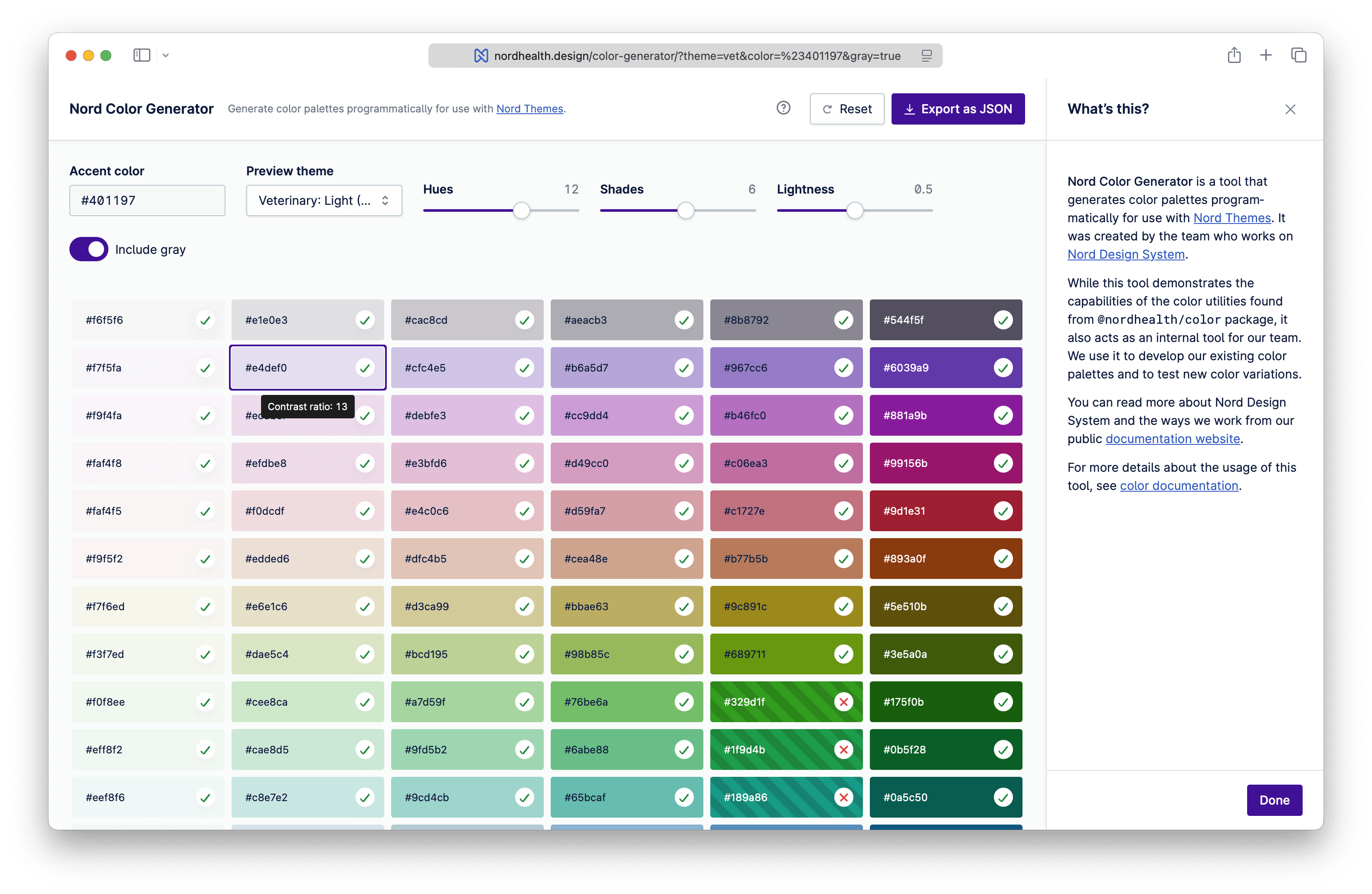 Screenshot of the color generator in Nord Design System.