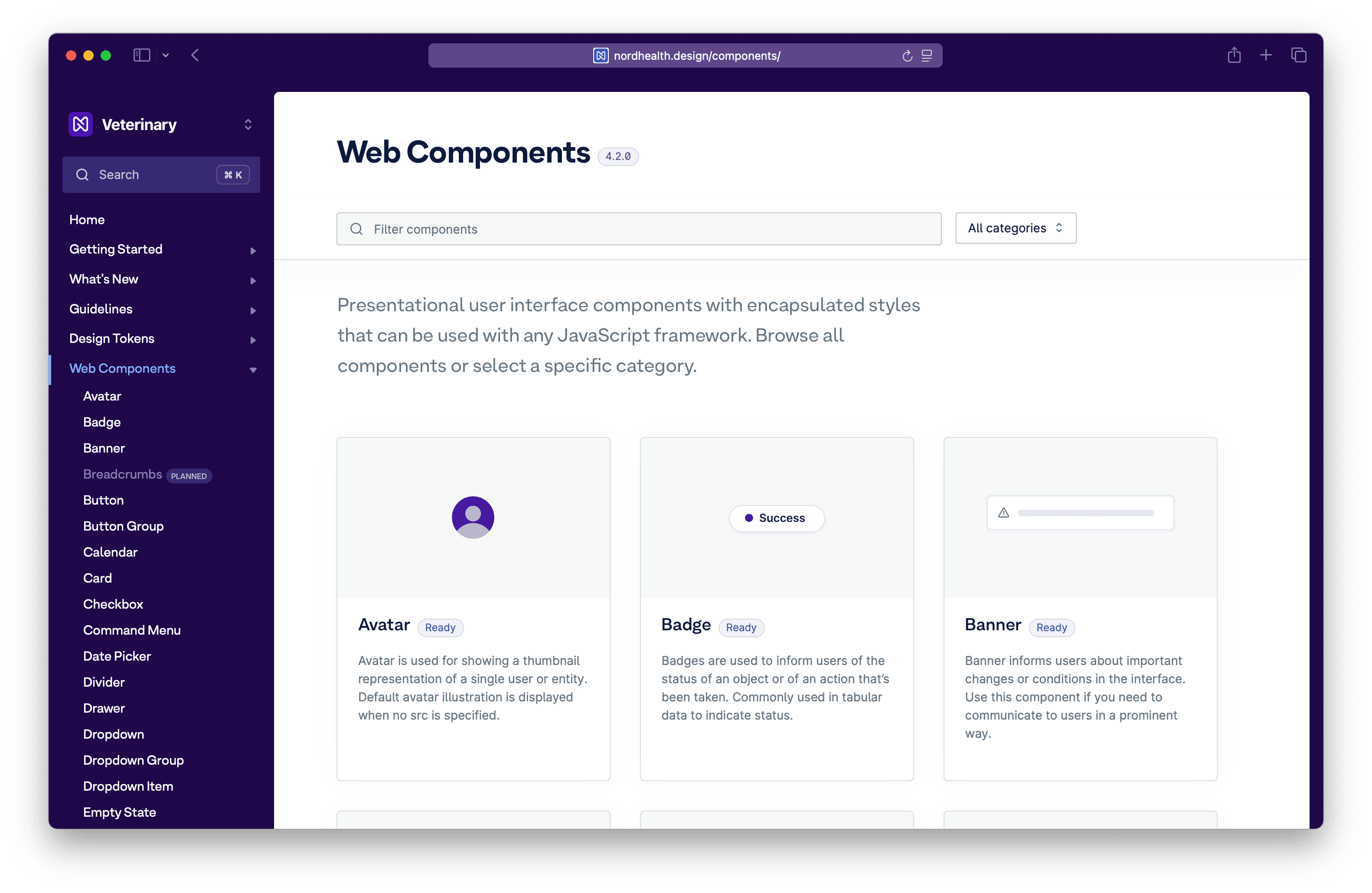 Screenshot of the web components in version 4.0 of Nord Design System.