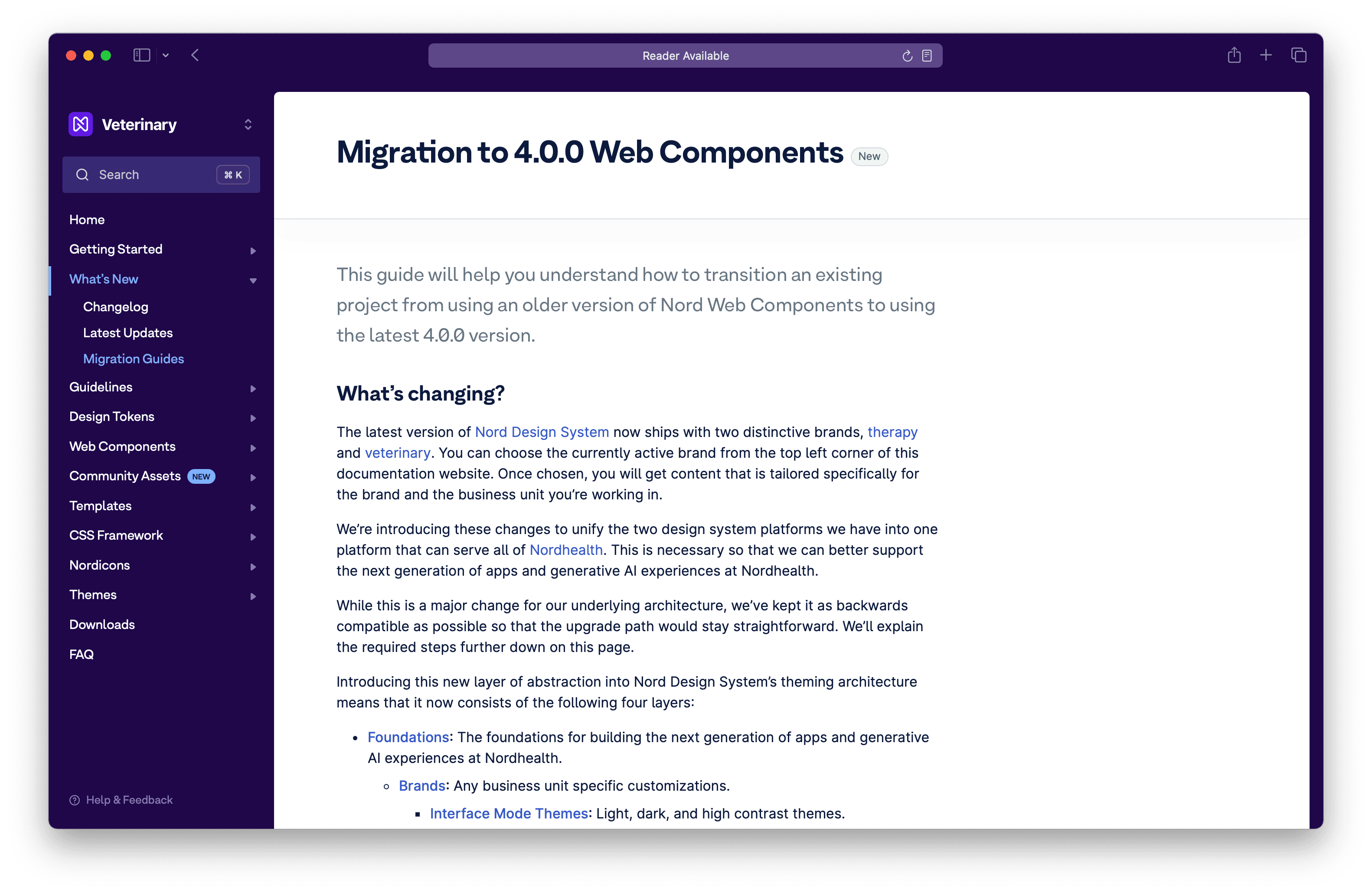 Screenshot of the migration guide in version 4.0 of Nord Design System.