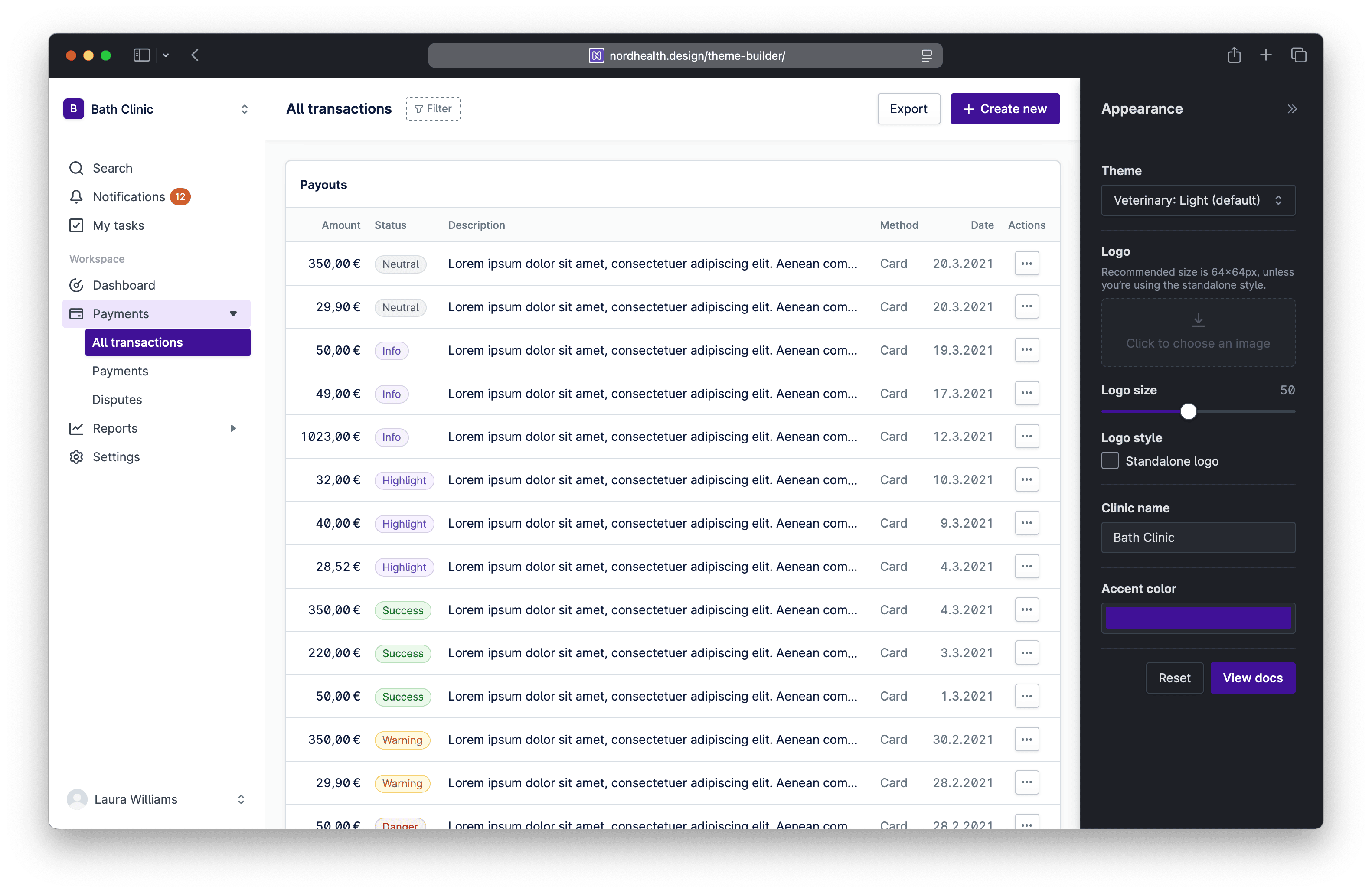 Screenshot of the theme builder in Nord Design System.