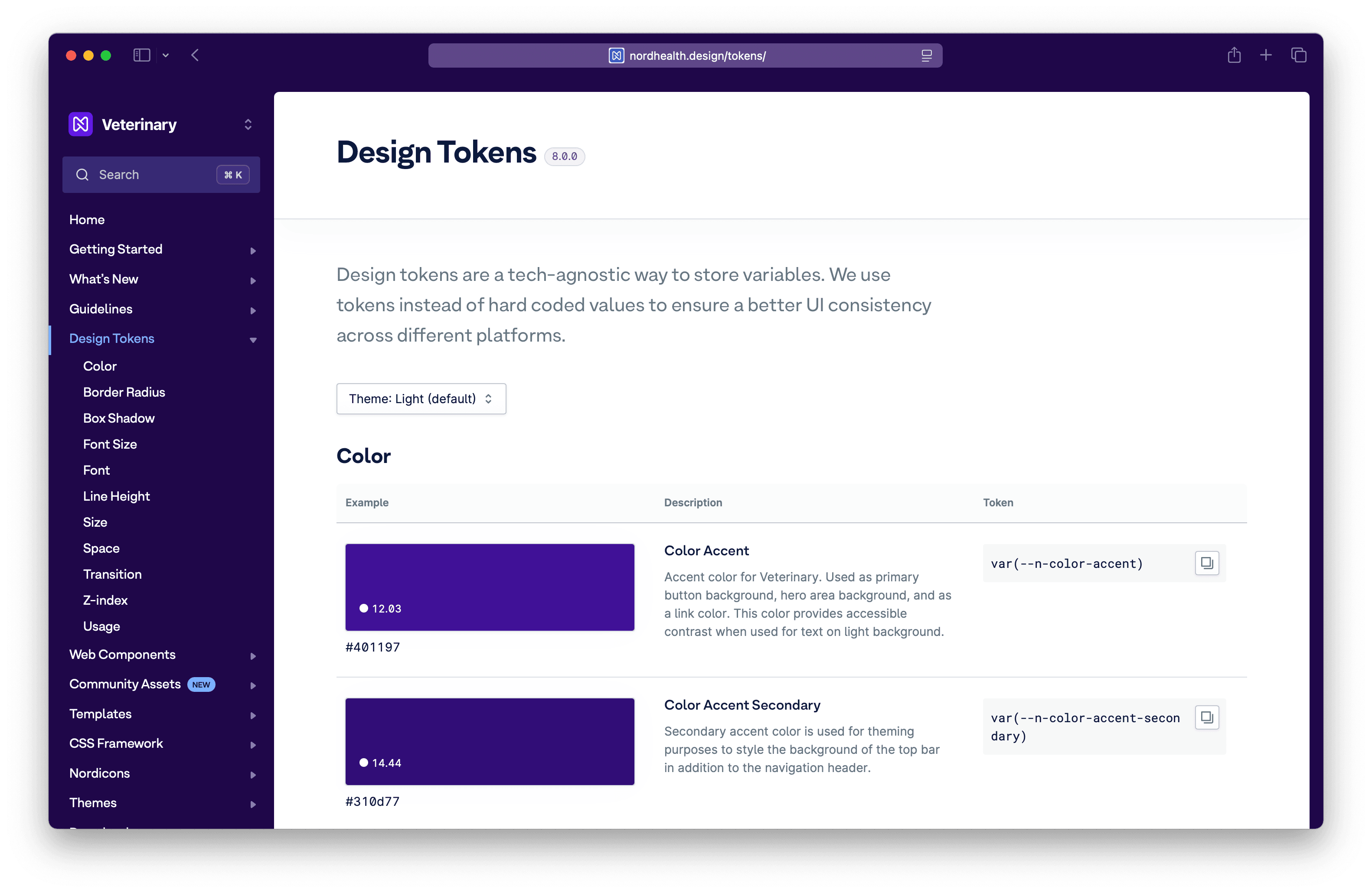 Screenshot of the design tokens in version 4.0 of Nord Design System.