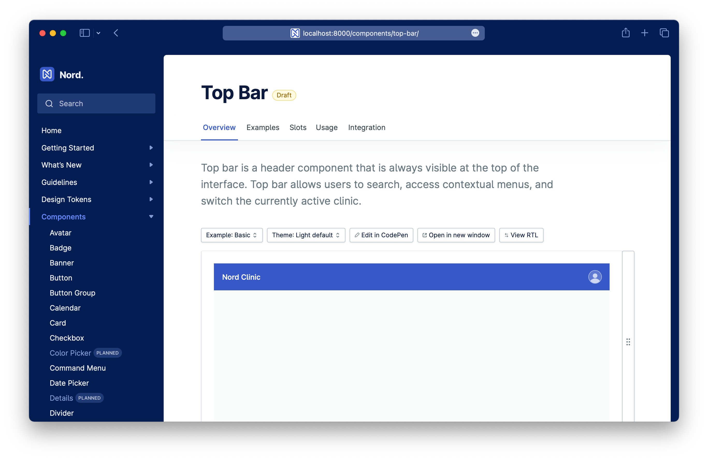 Nord top bar component